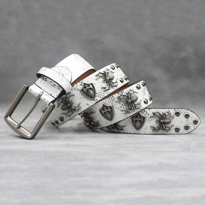 Spider Shape Studded Snakeskin Pattern Leather Belt