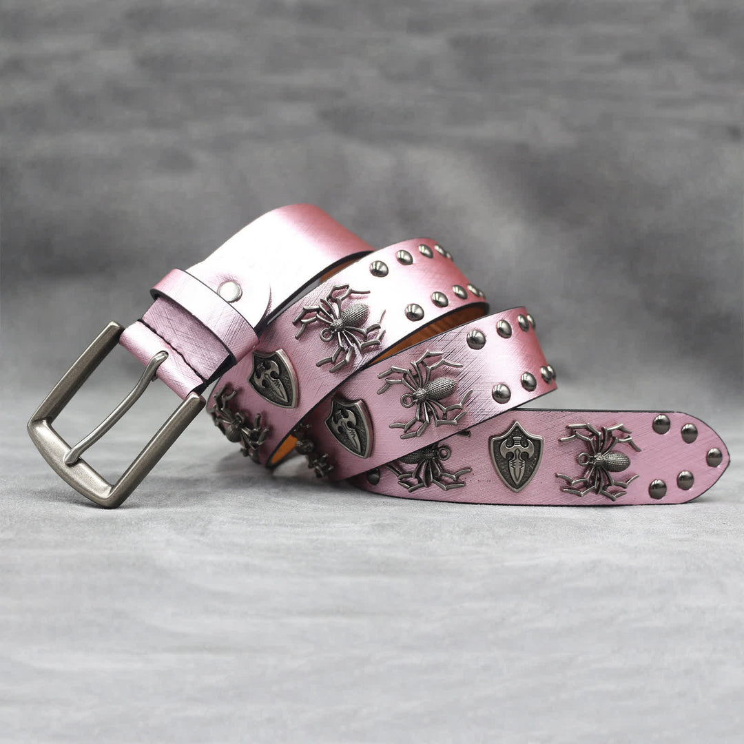 Spider Shape Studded Snakeskin Pattern Leather Belt
