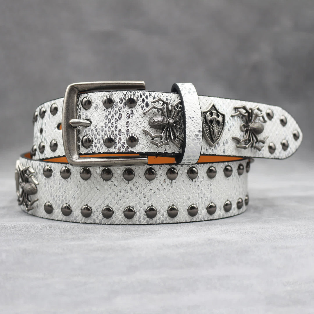 Spider Shape Studded Snakeskin Pattern Leather Belt