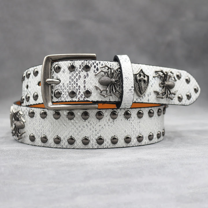 Spider Shape Studded Snakeskin Pattern Leather Belt