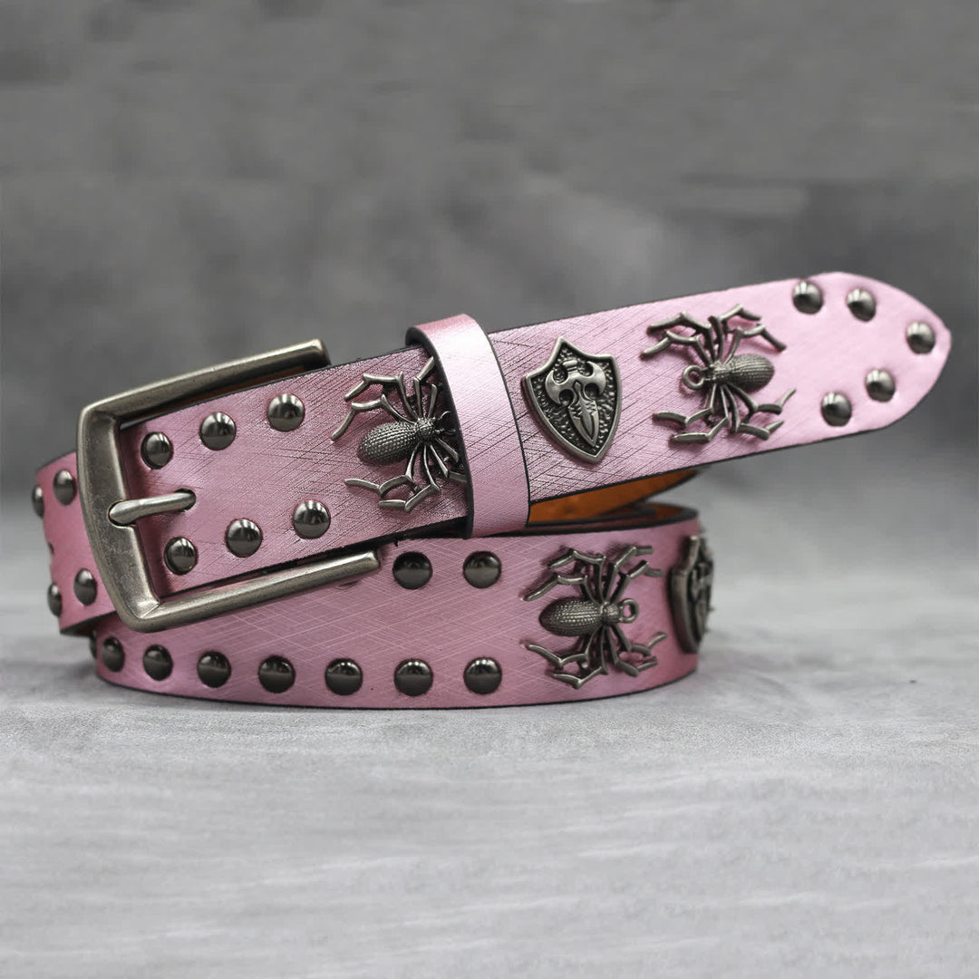 Spider Shape Studded Snakeskin Pattern Leather Belt