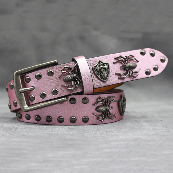 Spider Shape Studded Snakeskin Pattern Leather Belt