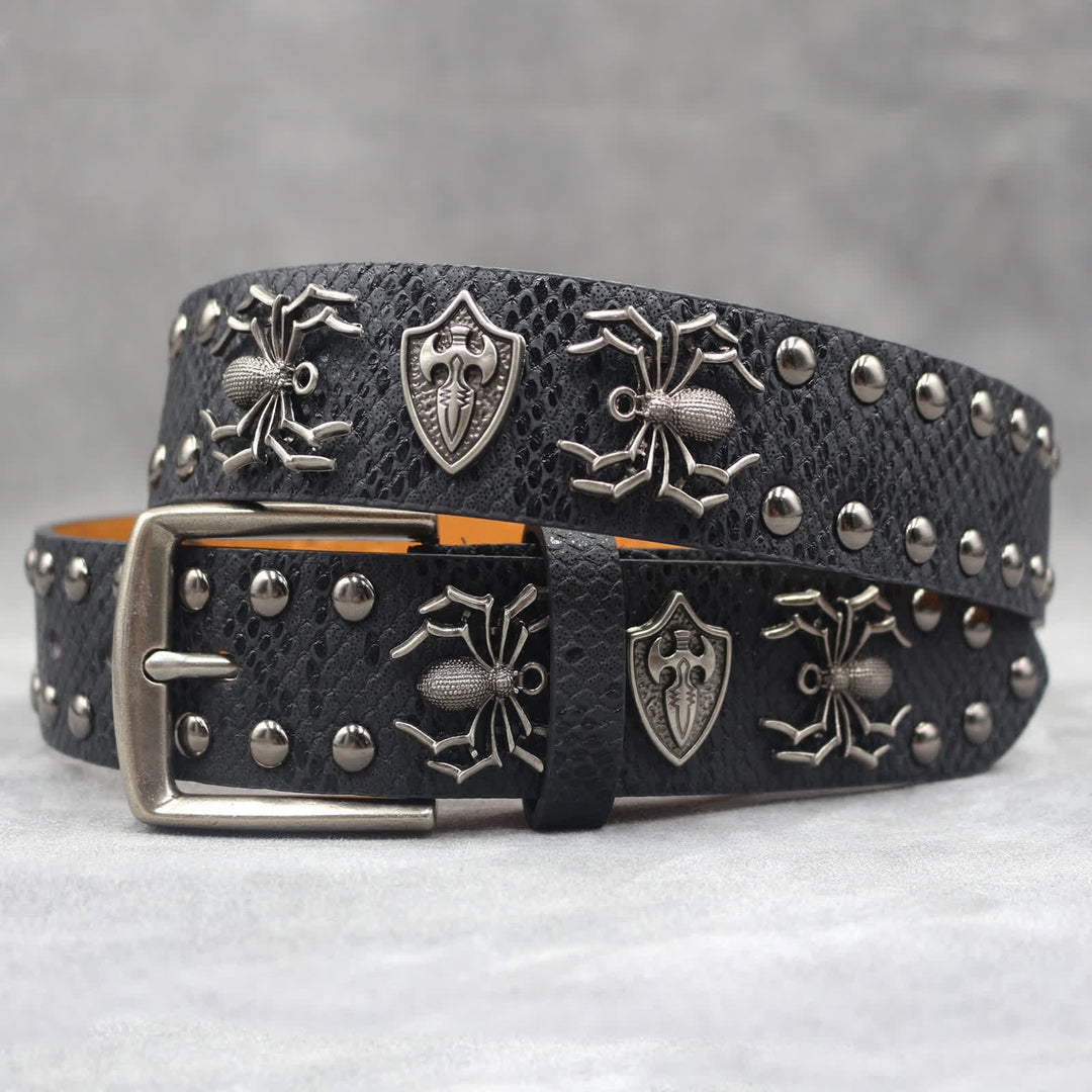 Spider Shape Studded Snakeskin Pattern Leather Belt - Black - 44 - image 0
