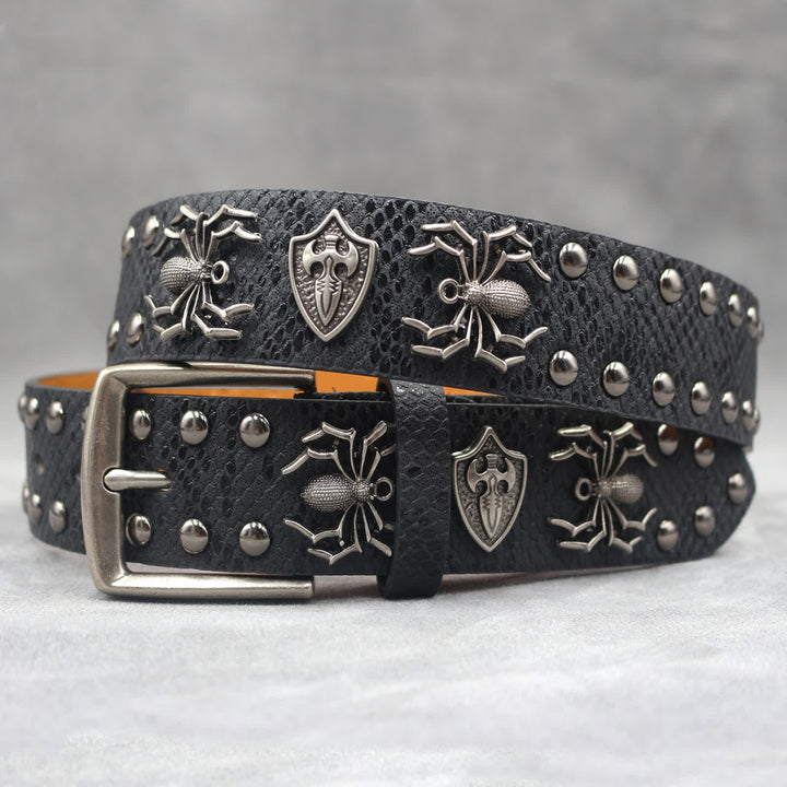 Spider Shape Studded Snakeskin Pattern Leather Belt - Black - 44 - image 0