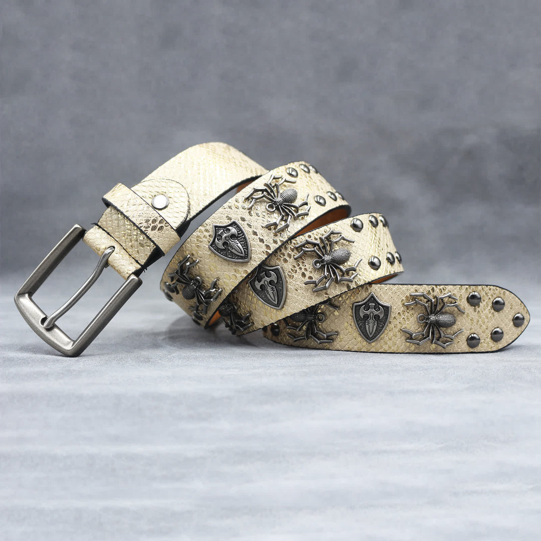 Spider Shape Studded Snakeskin Pattern Leather Belt