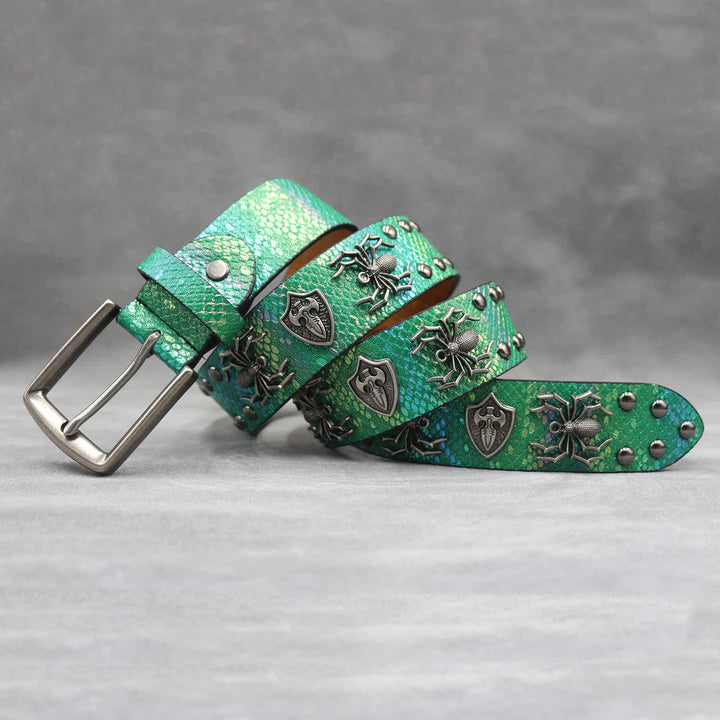 Spider Shape Studded Snakeskin Pattern Leather Belt