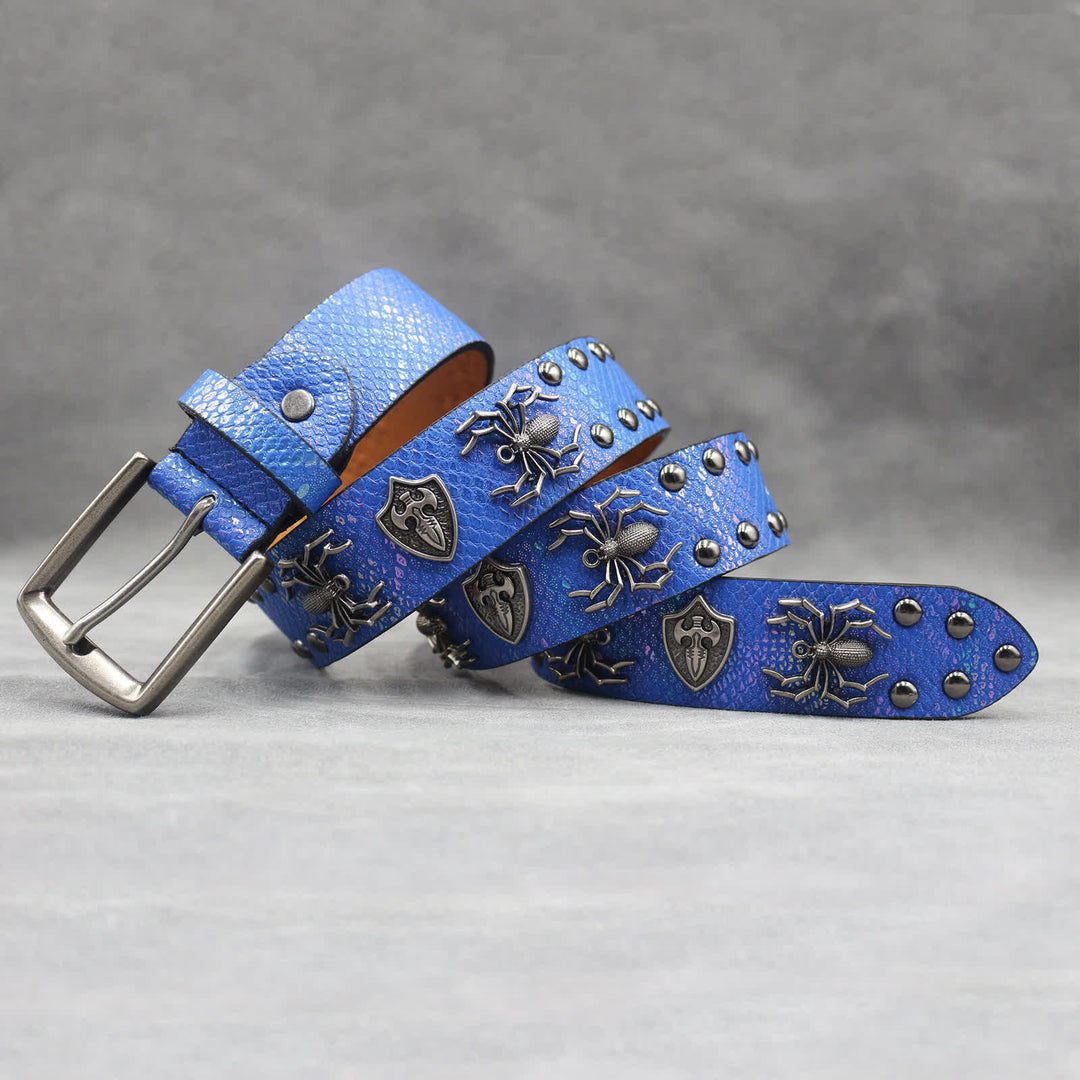 Spider Shape Studded Snakeskin Pattern Leather Belt
