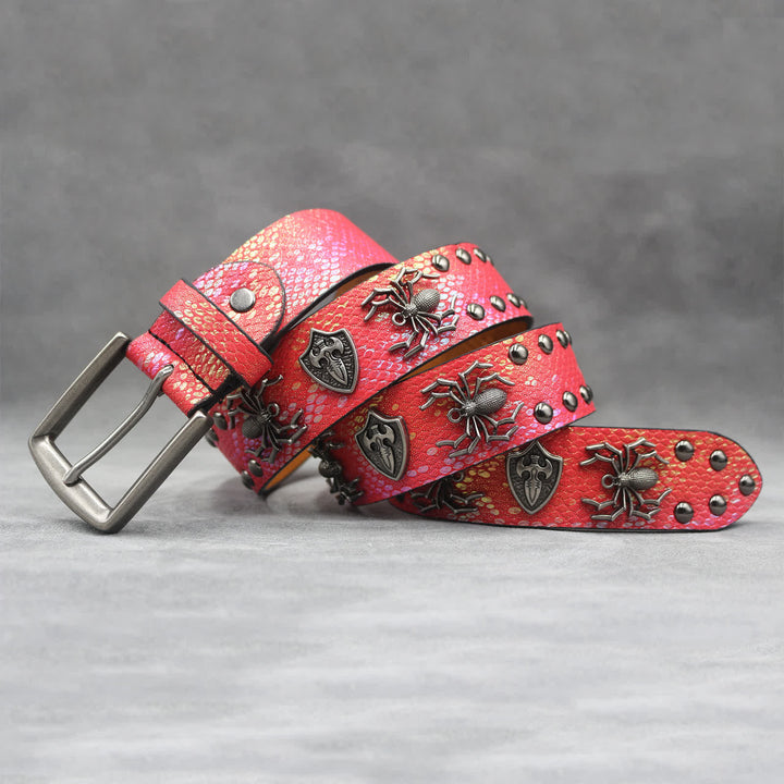 Spider Shape Studded Snakeskin Pattern Leather Belt