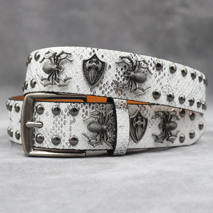 Spider Shape Studded Snakeskin Pattern Leather Belt - White - 44 - image 6