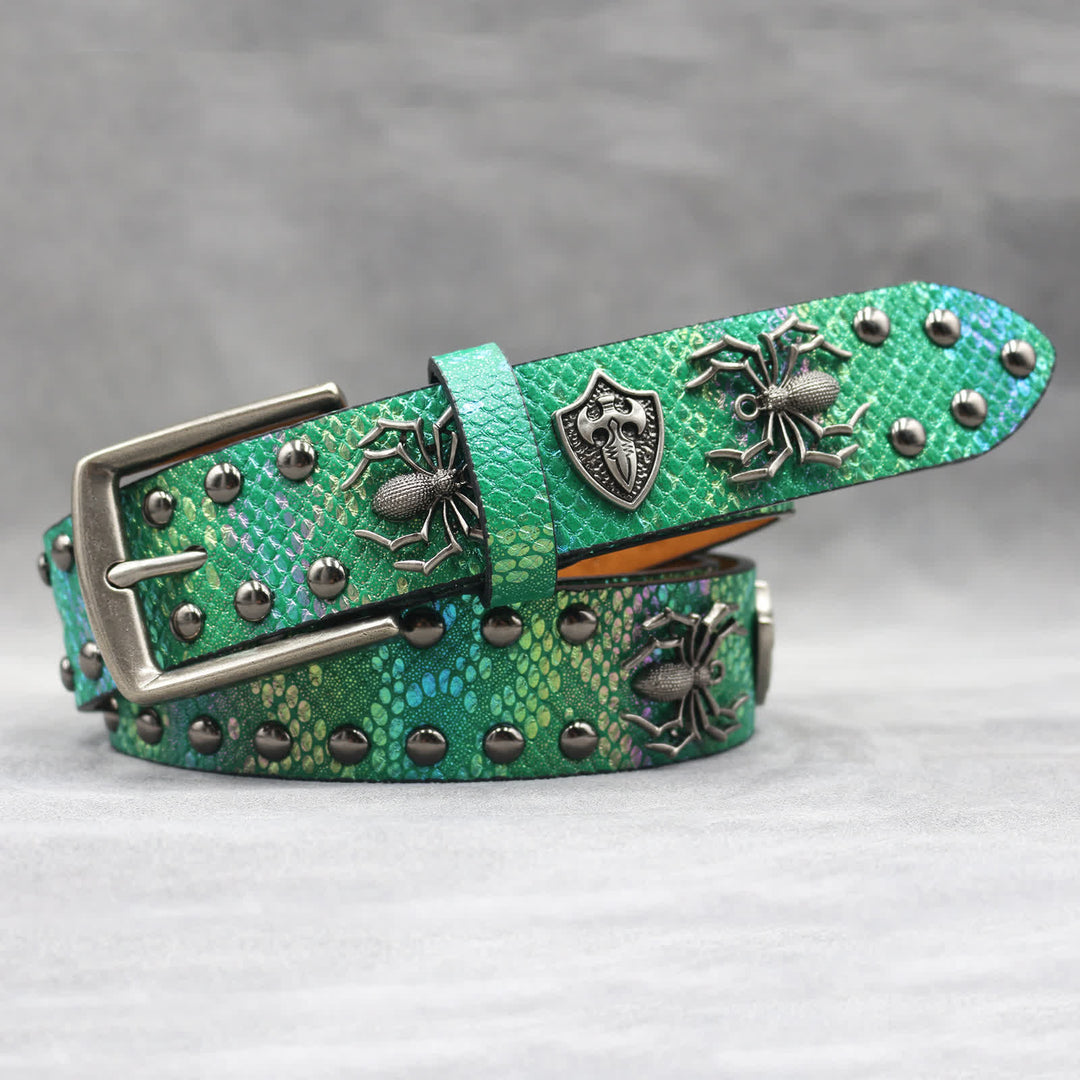 Spider Shape Studded Snakeskin Pattern Leather Belt