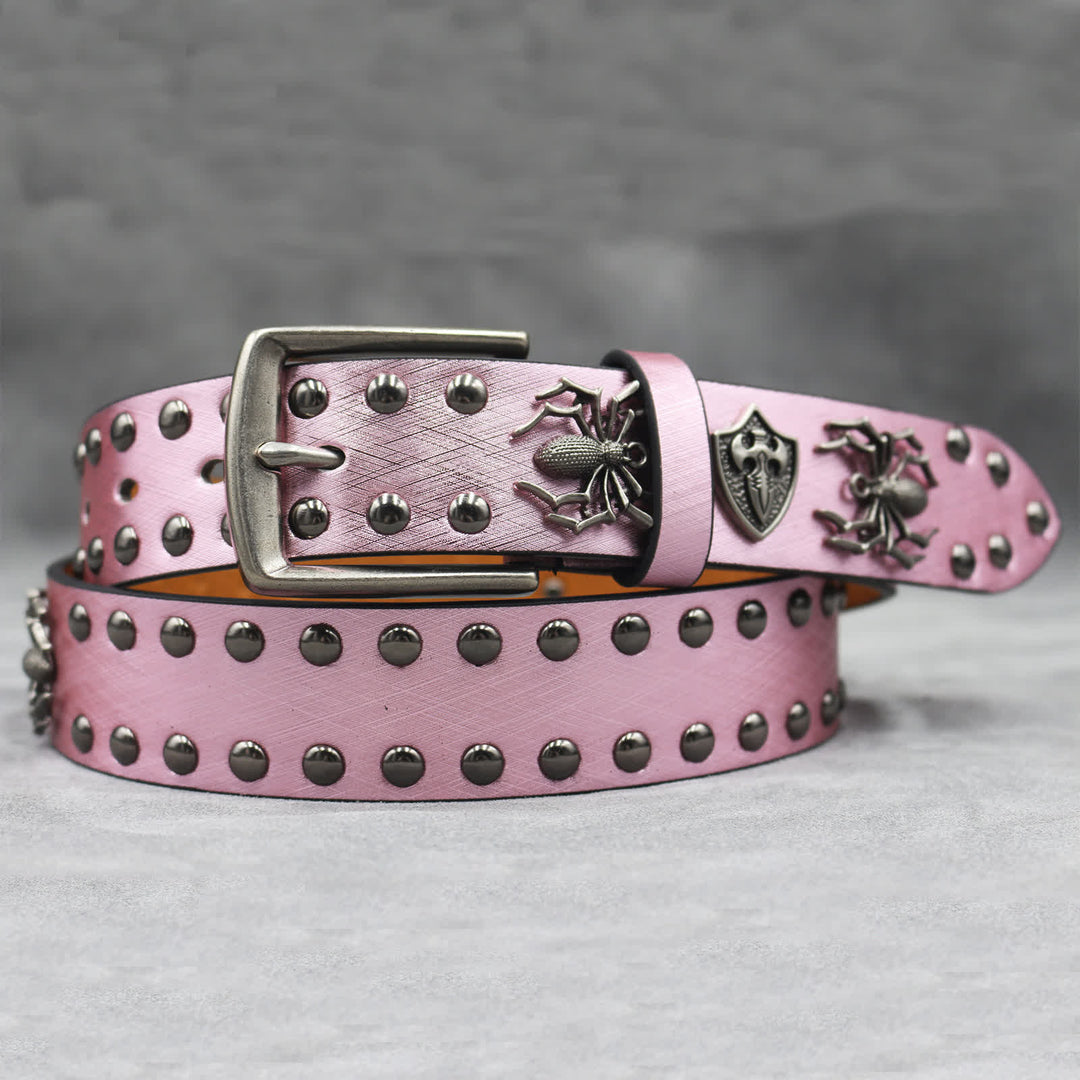 Spider Shape Studded Snakeskin Pattern Leather Belt