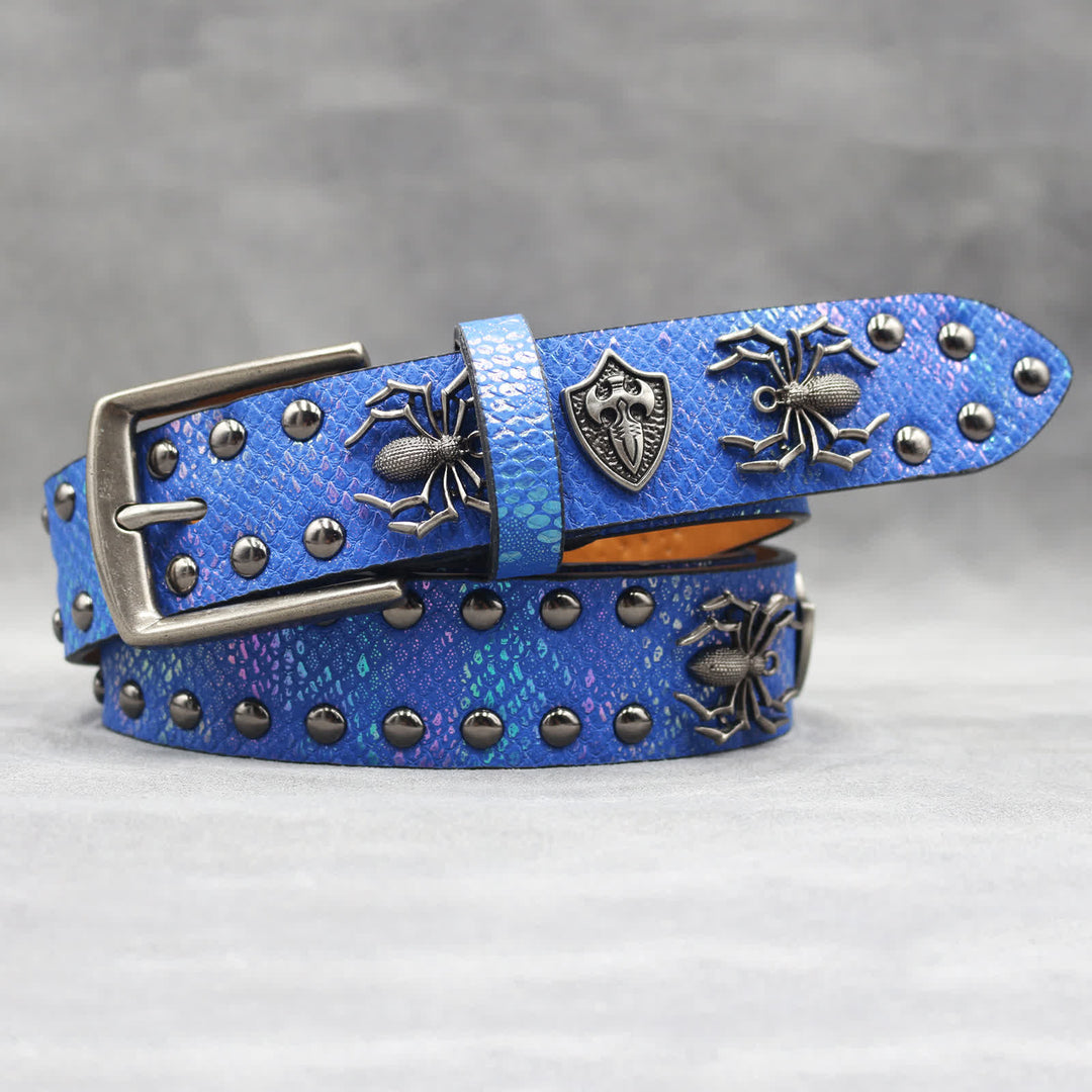 Spider Shape Studded Snakeskin Pattern Leather Belt