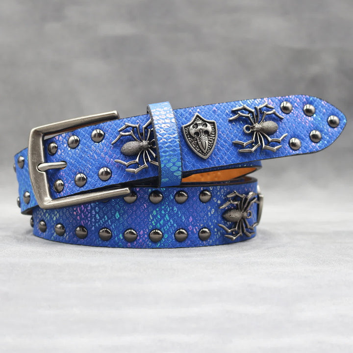 Spider Shape Studded Snakeskin Pattern Leather Belt