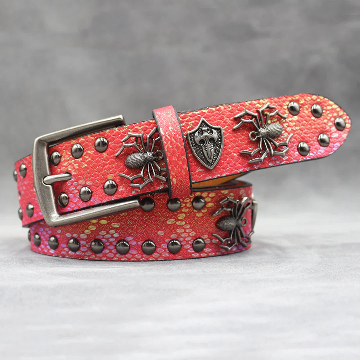 Spider Shape Studded Snakeskin Pattern Leather Belt