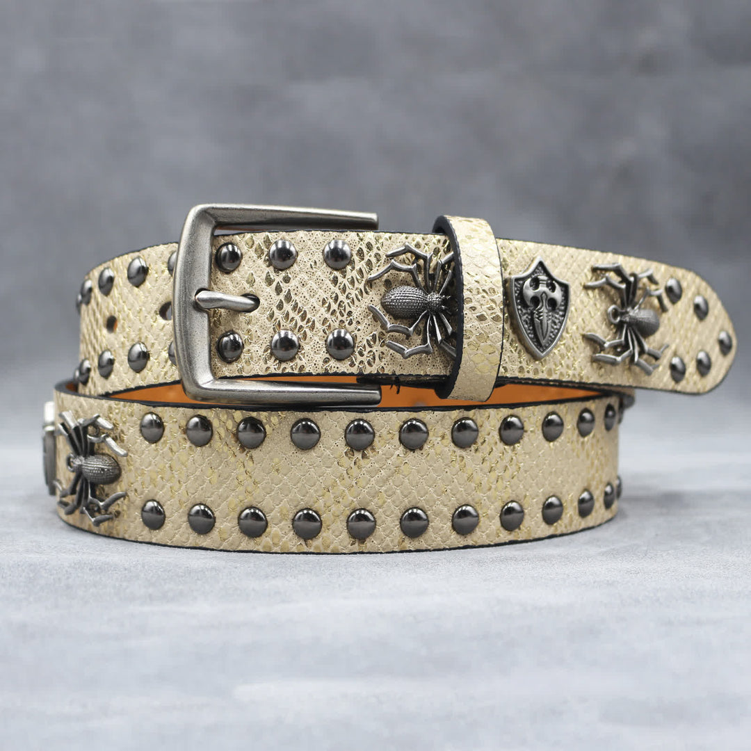 Spider Shape Studded Snakeskin Pattern Leather Belt