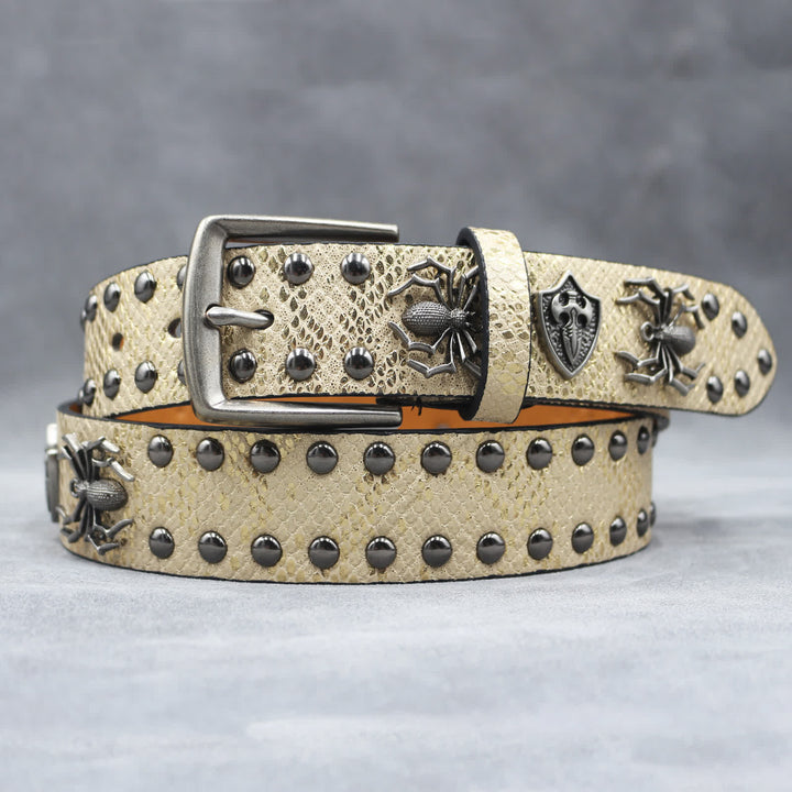 Spider Shape Studded Snakeskin Pattern Leather Belt