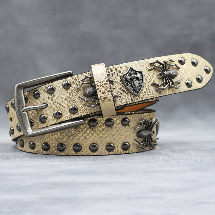 Spider Shape Studded Snakeskin Pattern Leather Belt