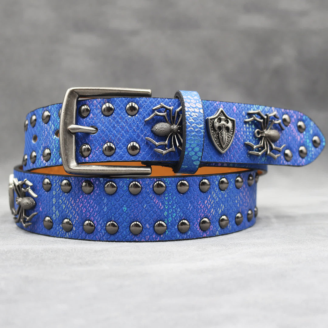 Spider Shape Studded Snakeskin Pattern Leather Belt