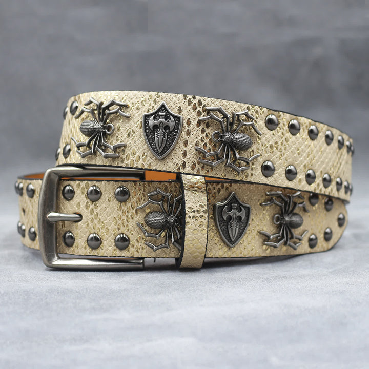 Spider Shape Studded Snakeskin Pattern Leather Belt - Gold - 44 - image 9