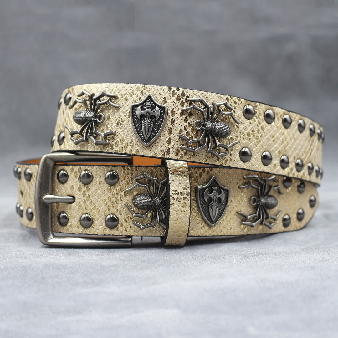 Spider Shape Studded Snakeskin Pattern Leather Belt - Gold - 44 - image 9