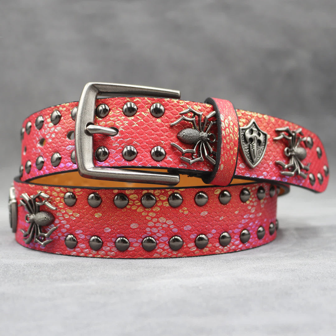 Spider Shape Studded Snakeskin Pattern Leather Belt