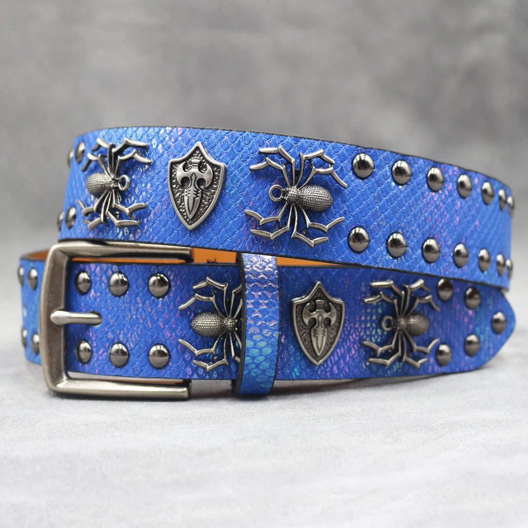 Spider Shape Studded Snakeskin Pattern Leather Belt - Blue - 44 - image 21