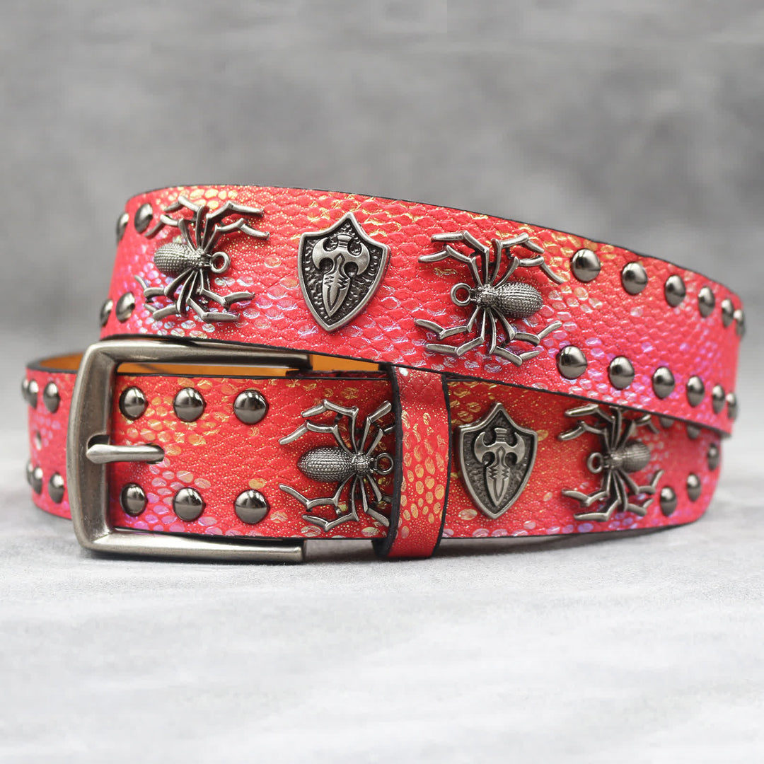 Spider Shape Studded Snakeskin Pattern Leather Belt - Red - 44 - image 13