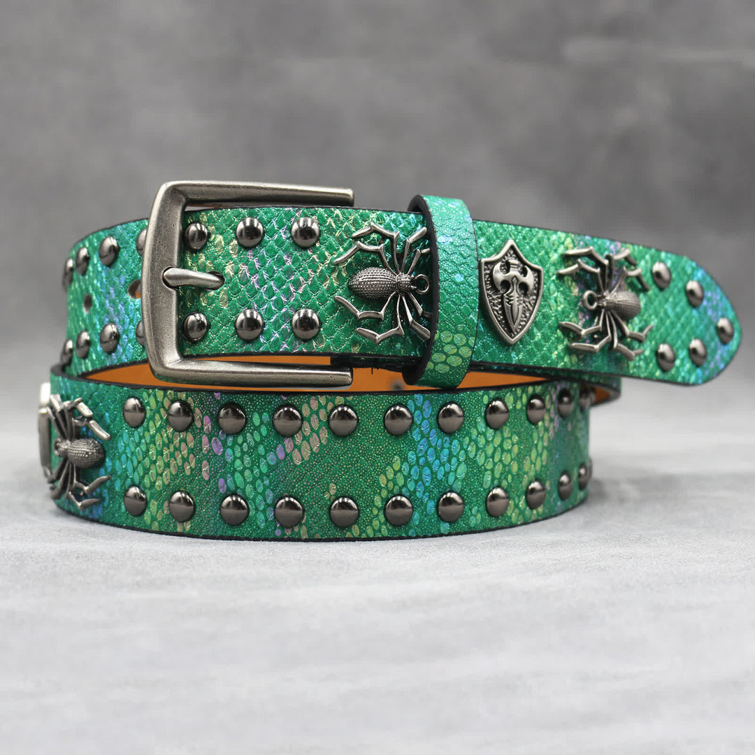 Spider Shape Studded Snakeskin Pattern Leather Belt