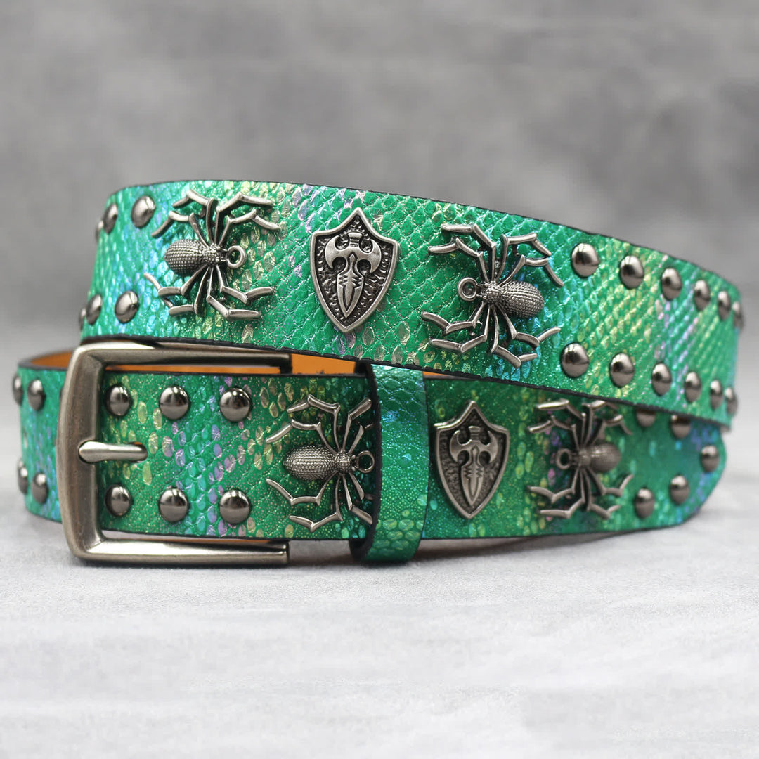 Spider Shape Studded Snakeskin Pattern Leather Belt
