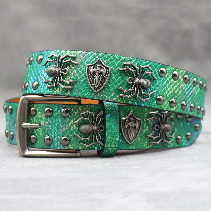 Spider Shape Studded Snakeskin Pattern Leather Belt