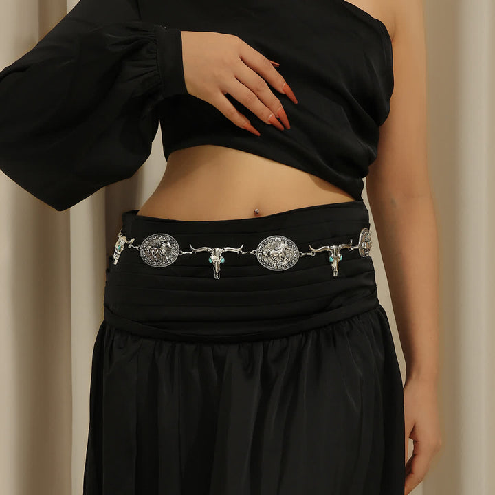 Women's Bull Head Faux Turquoise Western Concho Belt Waist Chain