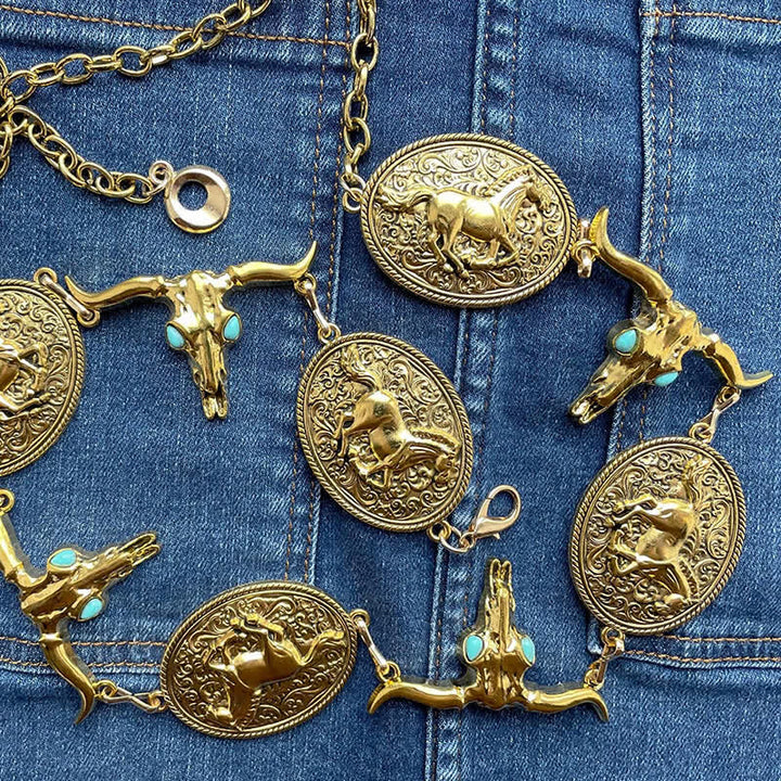 Women's Bull Head Faux Turquoise Western Concho Belt Waist Chain