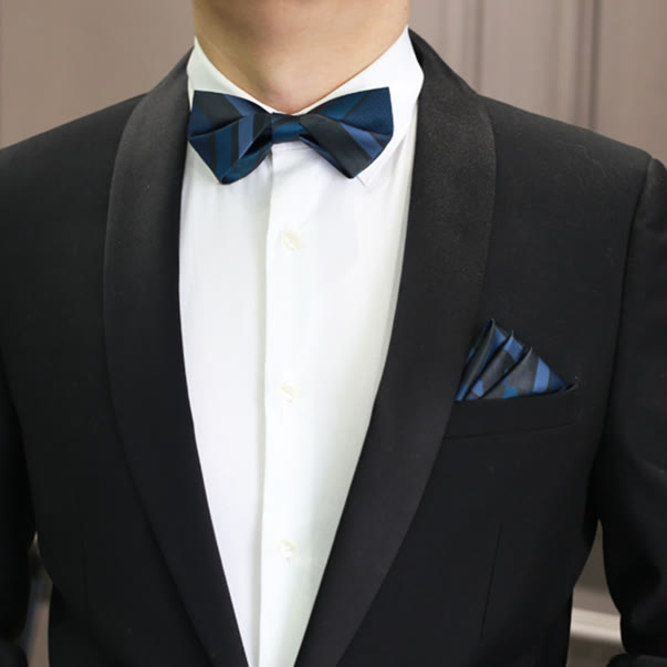 Men's Noble Navy SteelBlue Striped Pattern Bow Tie