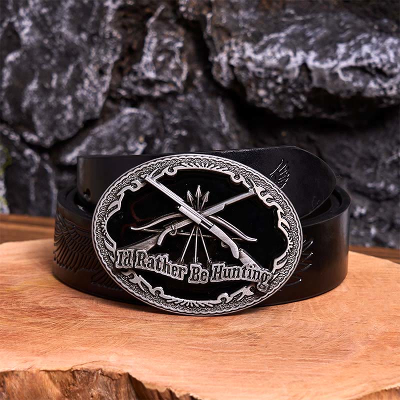I'd Rather Be Hunting Gun DIY Buckle Leather Belt - I'd Rather Be Hunting - Black Embossed Eagle Belt - 42 - image 0
