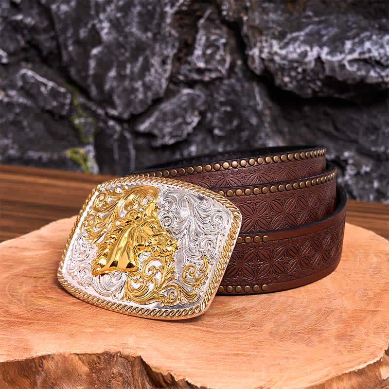 Gold & Silver Horse Head DIY Large Buckle Leather Belt - Horse Head - Brown Rivet Belt - 42 - image 7