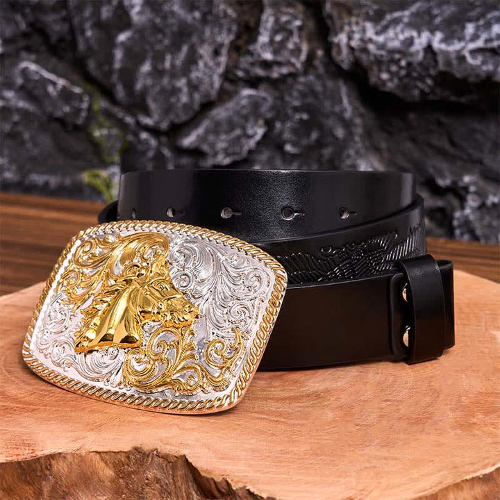 Gold & Silver Horse Head DIY Large Buckle Leather Belt - Horse Head - Black Embossed Eagle Belt - 42 - image 5