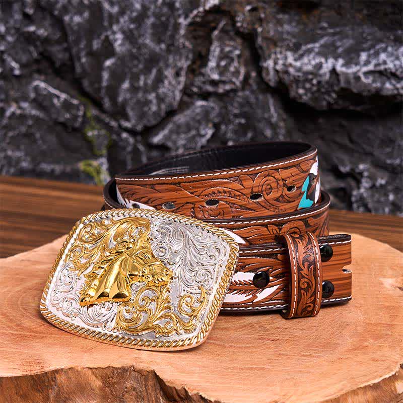 Gold & Silver Horse Head DIY Large Buckle Leather Belt - Horse Head - Brown Feather Belt - 40 - image 11