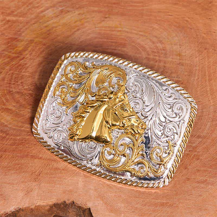 Gold & Silver Horse Head DIY Large Buckle Leather Belt - image 1