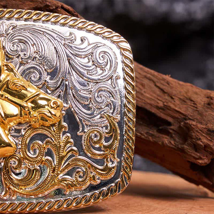 Gold & Silver Horse Head DIY Large Buckle Leather Belt - image 5