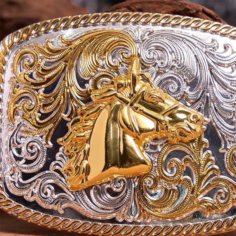 Gold & Silver Horse Head DIY Large Buckle Leather Belt - image 3
