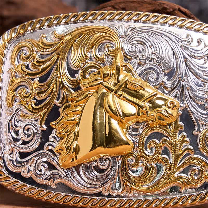 Gold & Silver Horse Head DIY Large Buckle Leather Belt - image 3