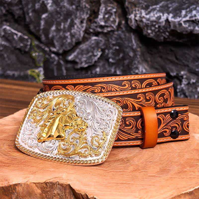 Gold & Silver Horse Head DIY Large Buckle Leather Belt - Horse Head - Orange Embossed Floral Belt - 42 - image 10