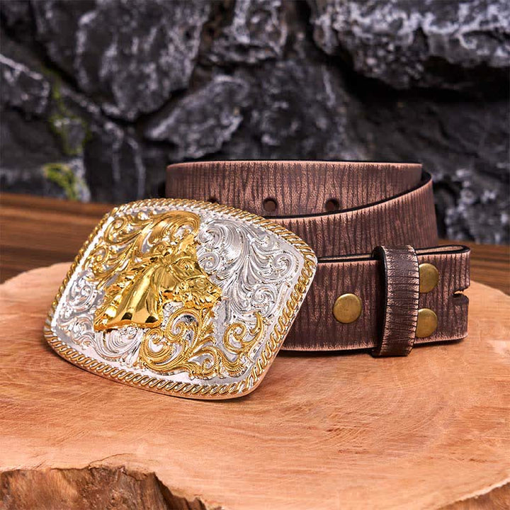 Gold & Silver Horse Head DIY Large Buckle Leather Belt - Horse Head - Brown Distressed Belt - 42 - image 9