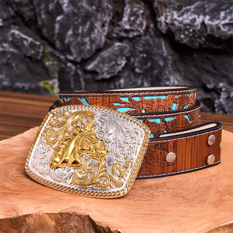 Gold & Silver Horse Head DIY Large Buckle Leather Belt - Horse Head - Turquoise Carved Belt - 42 - image 6