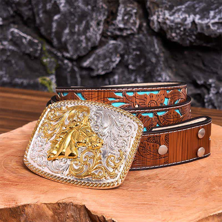 Gold & Silver Horse Head DIY Large Buckle Leather Belt - Horse Head - Turquoise Carved Belt - 42 - image 6