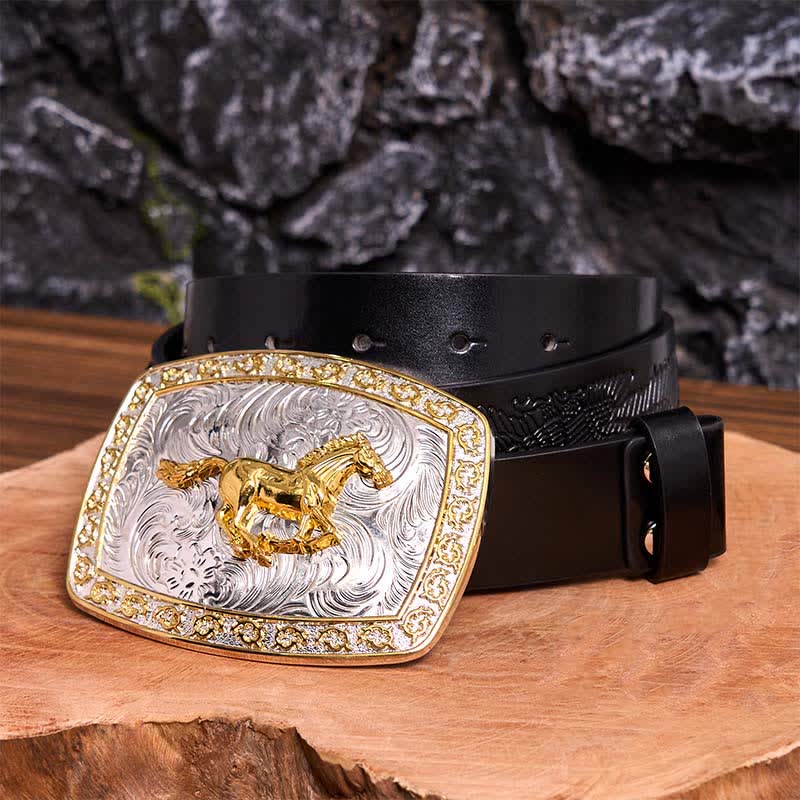 Gold & Silver Running Horse DIY Large Buckle Leather Belt - Running Horse - Black Embossed Eagle Belt - 42 - image 5