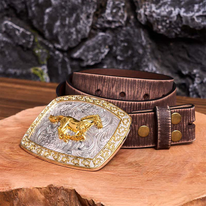 Gold & Silver Running Horse DIY Large Buckle Leather Belt - Running Horse - Brown Distressed Belt - 42 - image 9