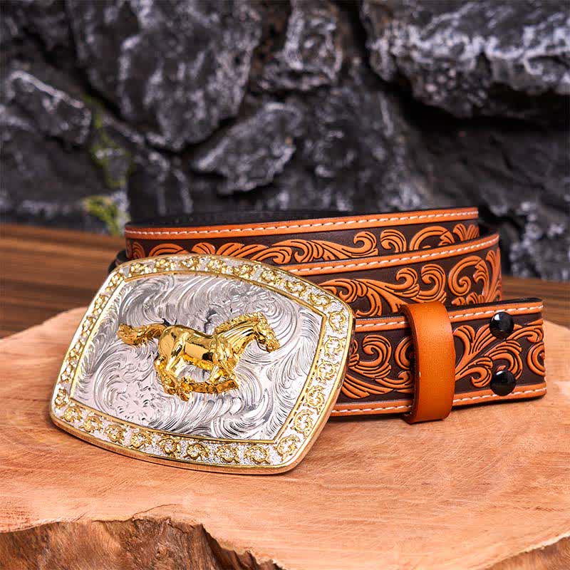 Gold & Silver Running Horse DIY Large Buckle Leather Belt - Running Horse - Orange Embossed Floral Belt - 42 - image 10