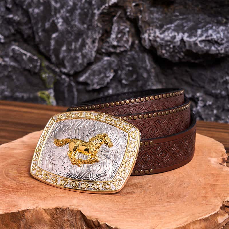 Gold & Silver Running Horse DIY Large Buckle Leather Belt - Running Horse - Brown Rivet Belt - 42 - image 8