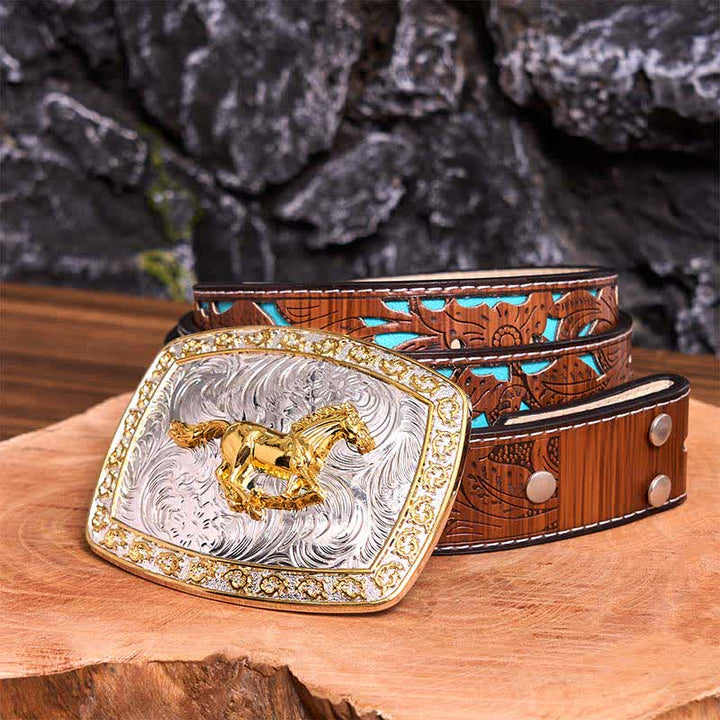 Gold & Silver Running Horse DIY Large Buckle Leather Belt - Running Horse - Turquoise Carved Belt - 42 - image 6